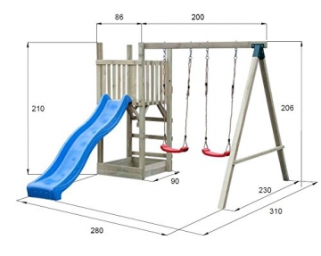 Masszeichnung von Doppelschaukel mit Rutsche 