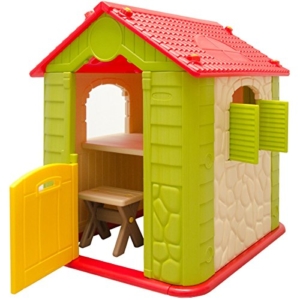 eyepower Kinderspielhaus mit Tisch und 2 Bänken Spielhaus Ansicht von Links mit offener Tür