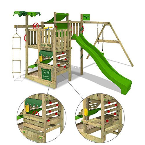 Fatmoose Spielturm Kletterturm aus Holz mit grüner Rutsche Details
