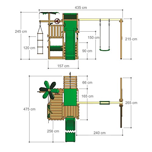 Maßzeichnung Fatmoose Spielturm Kletterturm aus Holz mit grüner Rutsche