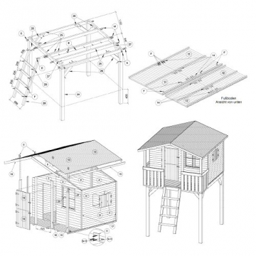 Zeichnung und Skizzen Gartenpirat Stelzenhaus Spielhaus Tom aus Holz mit Veranda