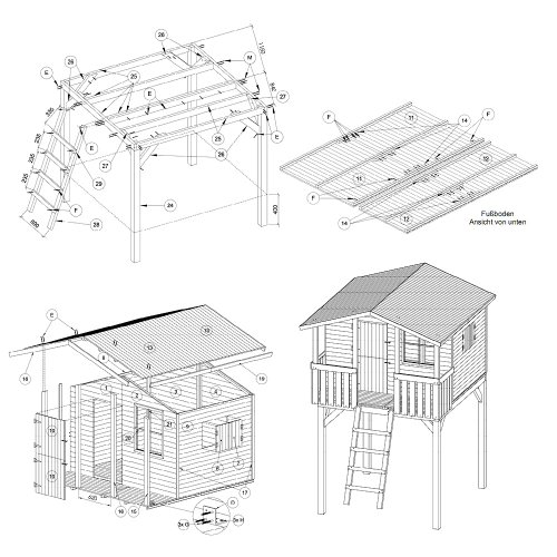 Zeichnung und Skizzen Gartenpirat Stelzenhaus Spielhaus Tom aus Holz mit Veranda