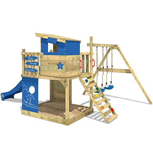 WICKEY Spielturm Smart Camp - Klettergerüst mit Stelzenhaus, massivem Holzdach, Schaukel, Sandkasten, Kletterwand, blauer Plane und blauer Wellenrutsche - 3
